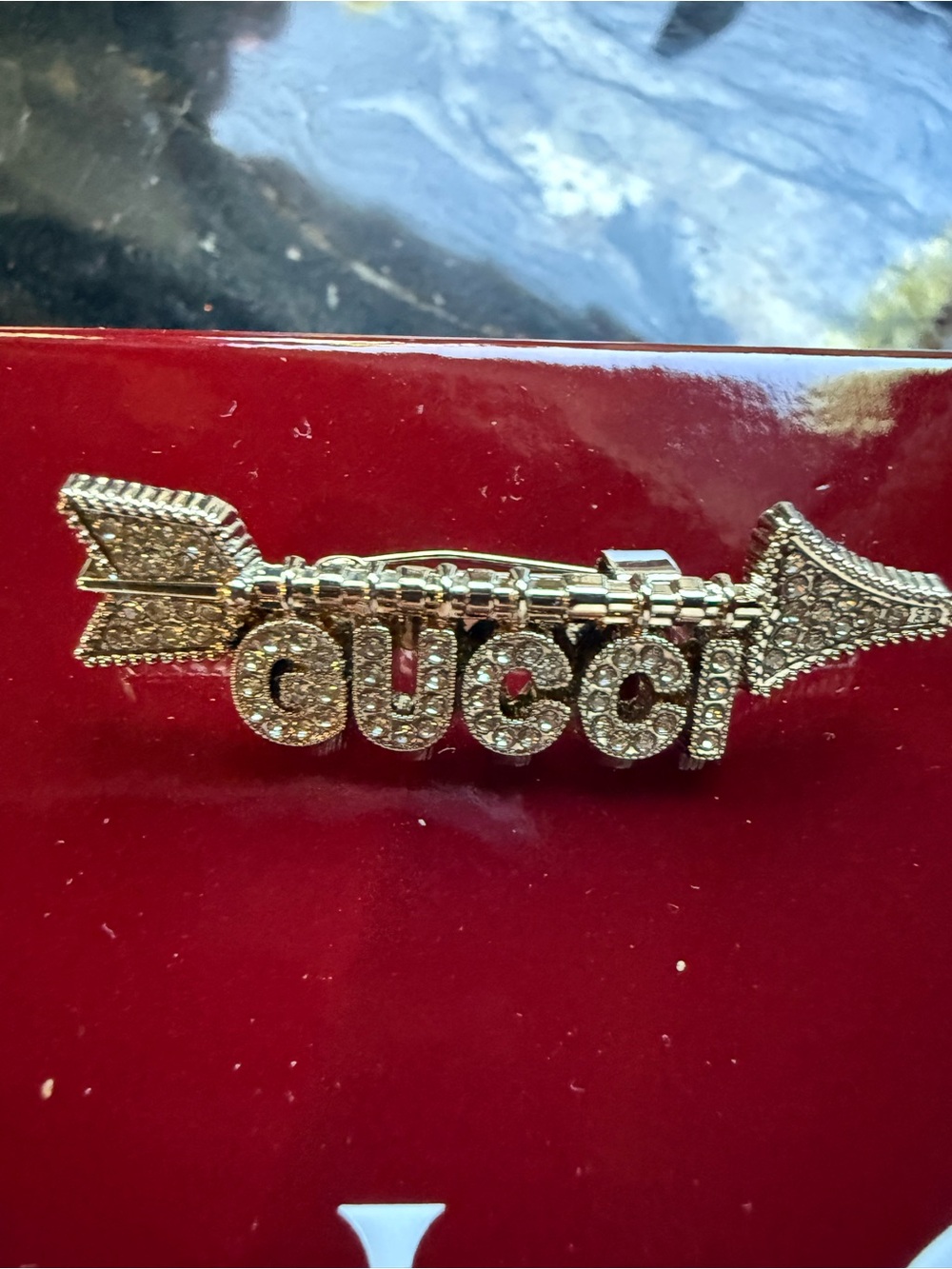 Genuine GUCCI Crystal embellished Arrow Logo brooch pin